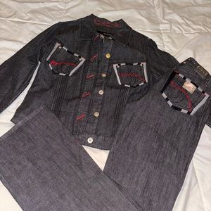 Women’s black denim Ekcō Red pant set. Gently worn like new.